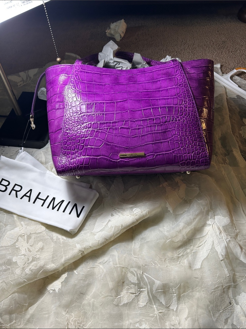 Brahmin Vibrant Purple Croc-Embossed Leather Tote